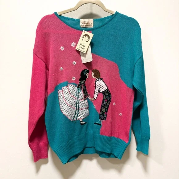 NWT Vintage 80s Odette Italian Knit Sweater Size M - Pink & Aqua Novelty Art - Picture 3 of 11